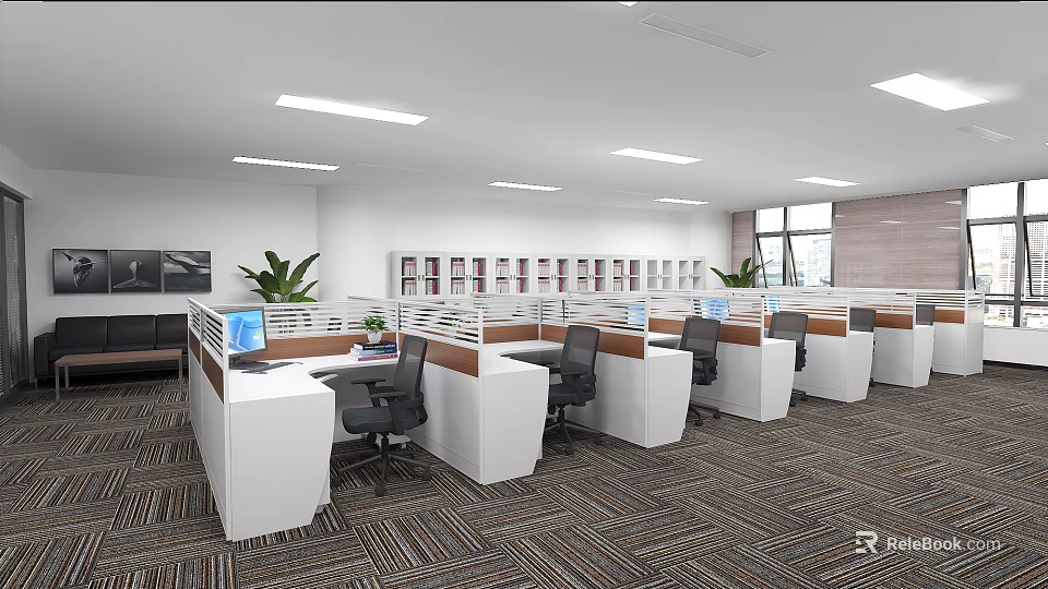 Modern Public Office Space Interior With Cubicles Computers Office Chairs Bookcases And Plants 3d model