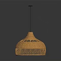 Plant Woven Rattan Pendant Light with Yellow Shade and Black Pole on Dark Background