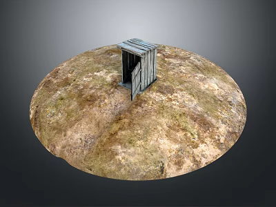 Small Wooden Shed Positioned On Circular Earth Mound With Rough Ground Surface 3d model