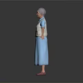 Elderly Woman in Blue Dress and White Vest with Gray Hair and Arms Outstretched