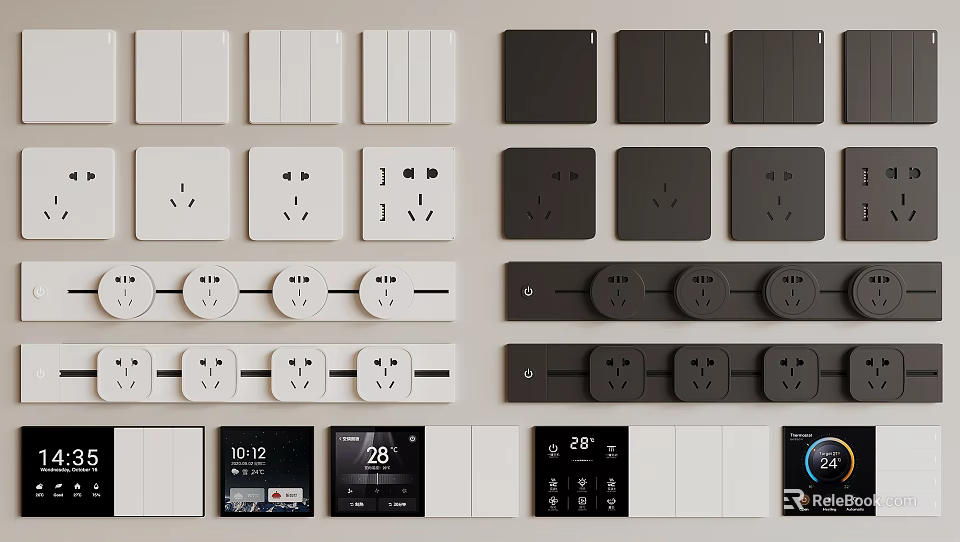 Modern White and Black Switch Panels With Sockets and Smart Control Displays For Home Interior 3d model 