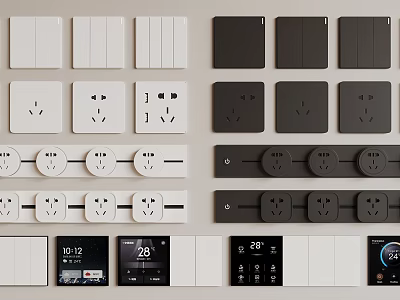 Modern White and Black Switch Panels With Sockets and Smart Control Displays For Home Interior 3d model
