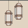 Two Elegant Pendant Lights with Geometric Wooden Frames and Beige Translucent Shades Casting Warm Glow