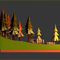Colorful Paper Art Forest Scene With Yellow Orange Red Trees Small House And Wooden Tables