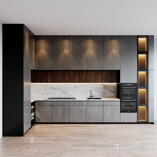 Modern Kitchen Interior With Dark Gray Cabinets Wooden Accent And Marble Countertop 3d model 