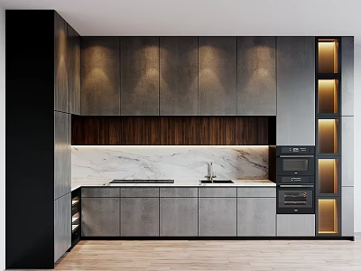 Modern Kitchen Interior With Dark Gray Cabinets Wooden Accent And Marble Countertop 3d model