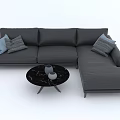 Gray Sectional Sofa with Throw Pillows and Round Marble Coffee Table with Vases 3d model