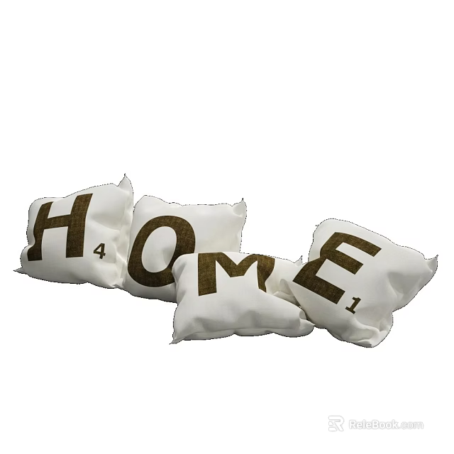 White Brown Cotton Decorative Pillows With HOME Letter Print Design 3d model 