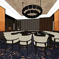 Elegant Meeting Room Interior With Long Table White Chairs Chandeliers Brown Orange Walls Patterned Carpet