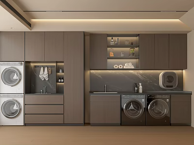 Modern Laundry Room Interior With Multiple Washing Machines Cabinets Sink And Storage Shelves 3d model