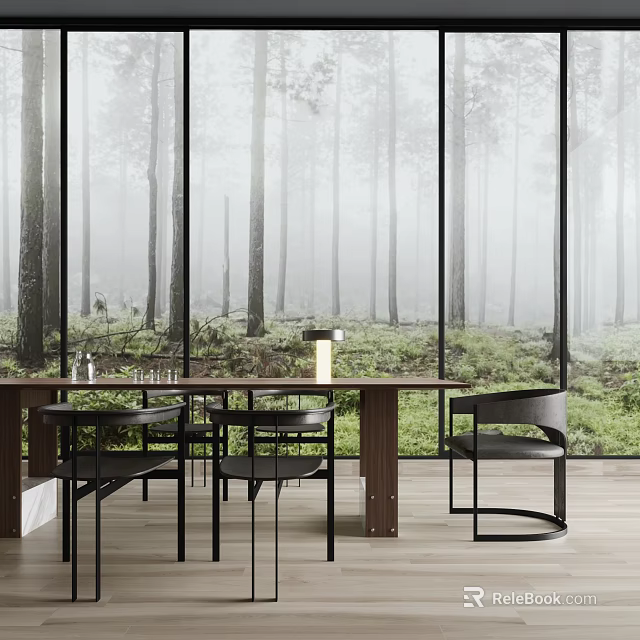 Restaurant With Large Windows Misty Forest View Wooden Long Table Black Chairs Table Lamp Tableware 3d model