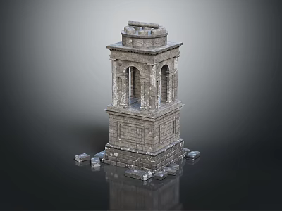 Classical Stone Tower Building With Double Arch Windows And Base Stones 3d model