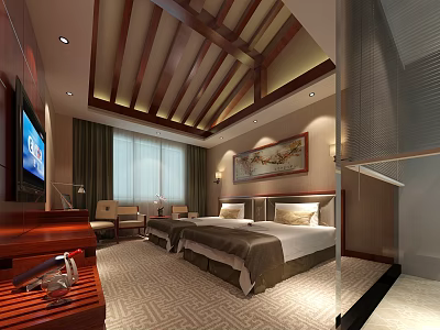 Hotel Guest Room Featuring Twin Beds Wooden Ceiling TV Patterned Carpet and Decorative Painting 3d model