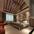 Hotel Guest Room Featuring Twin Beds Wooden Ceiling TV Patterned Carpet and Decorative Painting