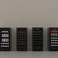Four Black Beverage Coolers With Digital Display Holding Canned Drinks And Bottled Wines