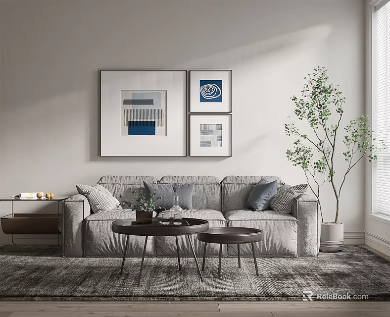 Gray Three Seater Sofa In Modern Living Room With Coffee Tables Wall Art And Plant 3d model 