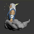 3D Rendered Mythological Elder Figure With White Hair Beard Blue Cloth On Cloud And Lightning
