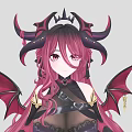 Woman with Long Red Hair Black Horns and Black Wings Wearing Black Purple Outfit with Lace Strappy Design