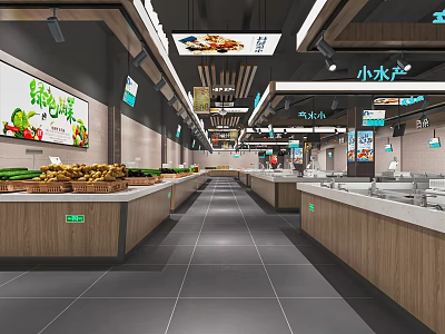 Modern Supermarket Department Store Interior with Fresh Produce Seafood Sections Shelves Bright Lighting and Aisles 3d model