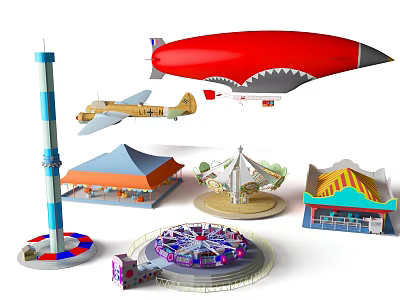 Fun Amusement Park Rides Featuring Red Blimp Carousel Ferris Wheel Tower And Airplane 3d model