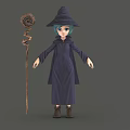 3D Model Witch Character With Blue Hair Pointed Hat Dark Robe And Twisted Staff