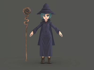 3D Model Witch Character With Blue Hair Pointed Hat Dark Robe And Twisted Staff 3d model