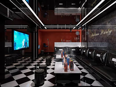 Modern KTV Interior With Red Black Decor Large Screen Bar And Sofa Seats 3d model