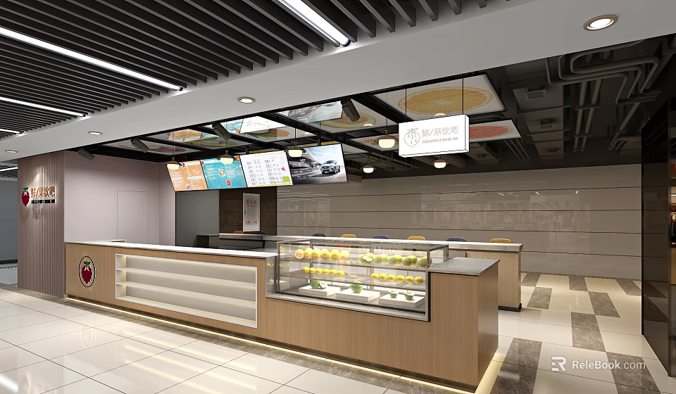 Modern Bubble Tea Shop Interior With Counter Display Case Fresh Fruits And Menu Screens 3d model 