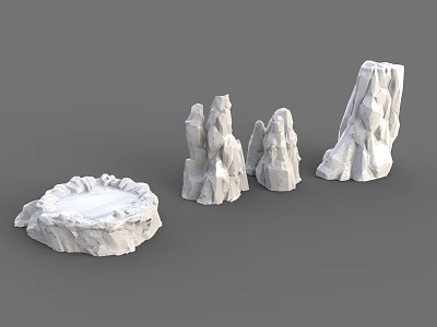 White Stone And Wood Decorative Artworks Including Rock Shapes And Circular Base 3d model