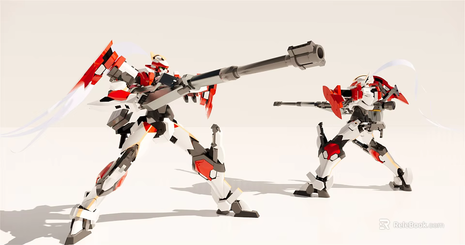 Two Red and White Smart Machines Wielding Weapons In Combat Stance 3d model 