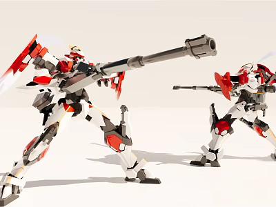 Two Red and White Smart Machines Wielding Weapons In Combat Stance 3d model