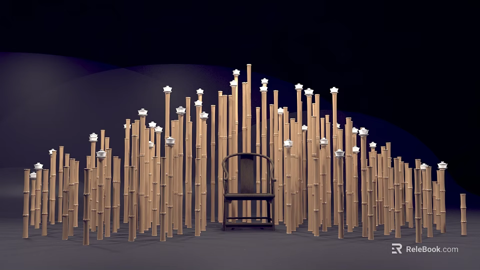 Traditional Bamboo Poles With White Decorations Surrounding Dark Wooden Chair 3d model 