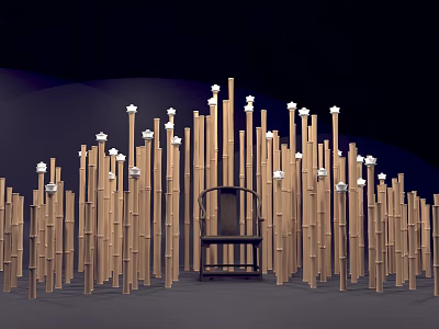 Traditional Bamboo Poles With White Decorations Surrounding Dark Wooden Chair 3d model