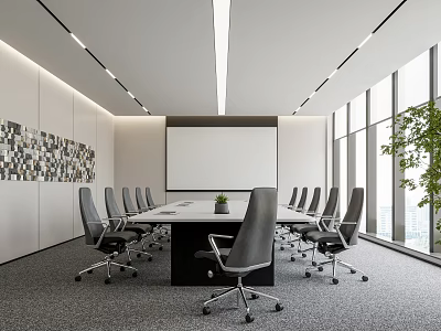 Modern conference room conference table and chair combination projector projection curtain floor-to-ceiling window wall decoration 3d model