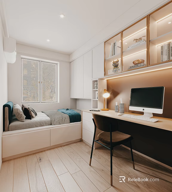 Modern Tatami Bedroom Interior Design With Desk Computer Bookshelf And Window 3d model