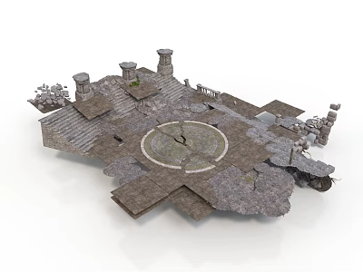 Ancient Stone Ruin Platform Structure With Circular Center Area Stone Steps And Broken Pillars 3d model