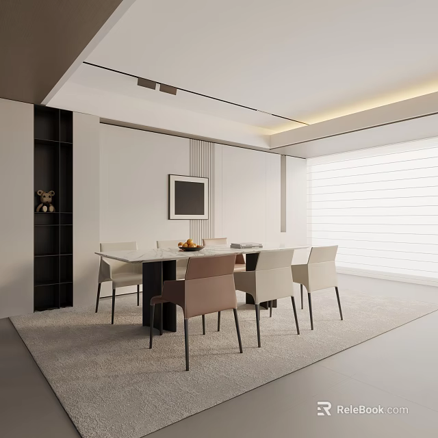 Modern Dining Table Set With Neutral Colored Chairs In Bright Minimalist Room 3d model
