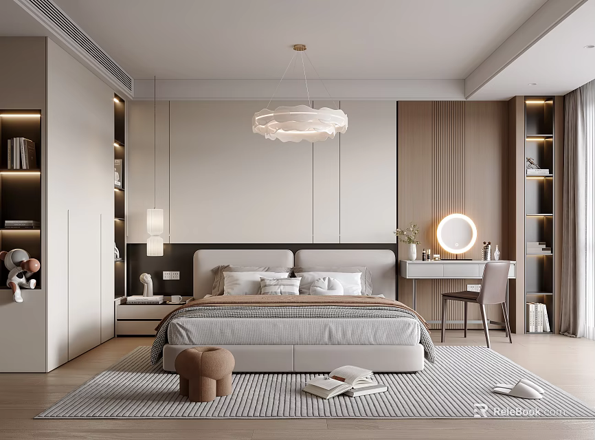 Modern Bedroom Interior Design With Double Bed Pendant Light And Wooden Bookshelves 3d model 
