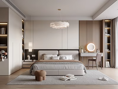 Modern Bedroom Interior Design With Double Bed Pendant Light And Wooden Bookshelves 3d model