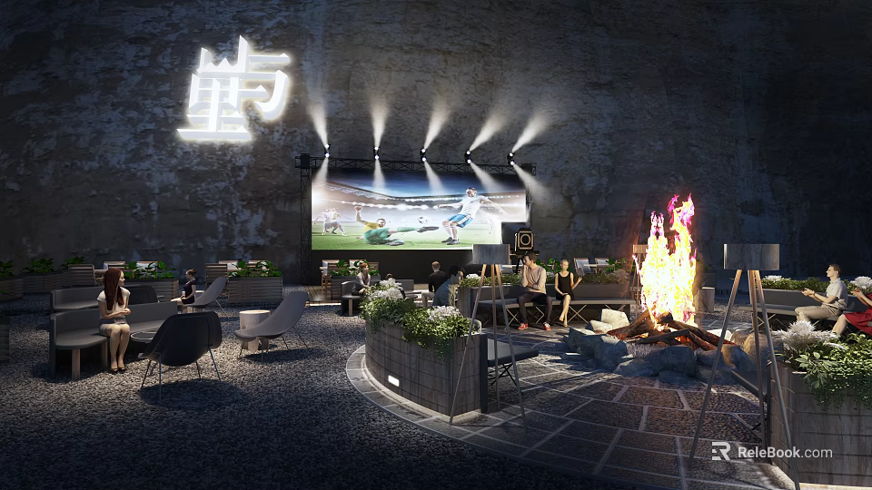 Outdoor Bar With Stone Wall Sports Projection Screen Fire Pit Green Plants And Seating Area 3d model 