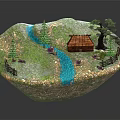 Cartoon Scenic Landscape with Rolling Hills Blue Stream Wooden Cottage Pine Trees Fence and Flowers
