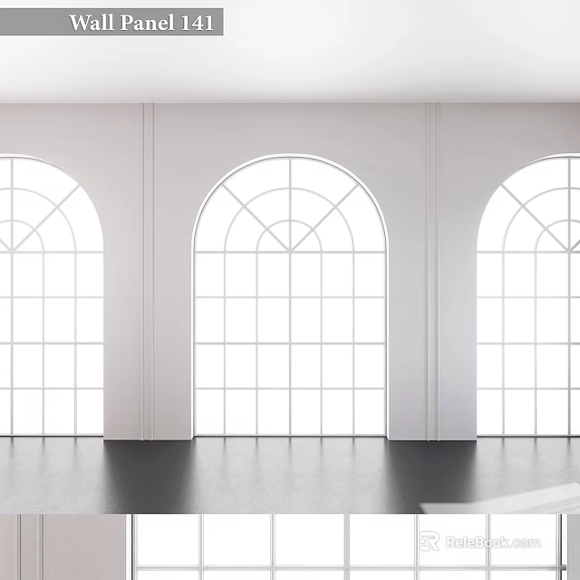Three Arched White Casement Windows Installed On White Walls With Classic Grid Design 3d model 