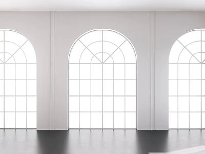 Three Arched White Casement Windows Installed On White Walls With Classic Grid Design 3d model