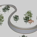 Curved Modern Bridge With Striped Design And Surrounding Green Trees