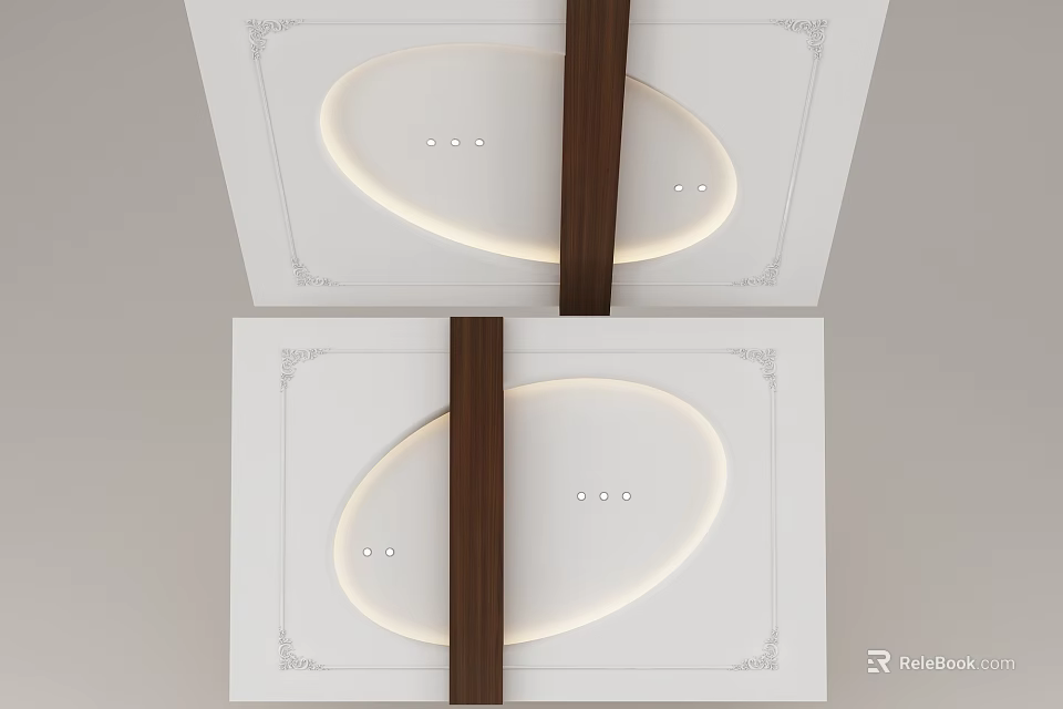 Modern Ceiling Design With Oval Lights Wooden Strips And Trim 3d model 