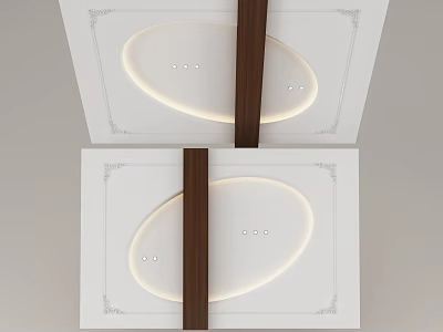 Modern Ceiling Design With Oval Lights Wooden Strips And Trim 3d model