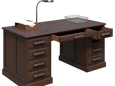 Wooden Desk with Multiple Drawers Open Drawer Desk Lamp Tissue Box and Metal Wire Basket 3d model