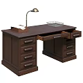 Wooden Desk with Multiple Drawers Open Drawer Desk Lamp Tissue Box and Metal Wire Basket