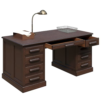 Wooden Desk with Multiple Drawers Open Drawer Desk Lamp Tissue Box and Metal Wire Basket 3d model