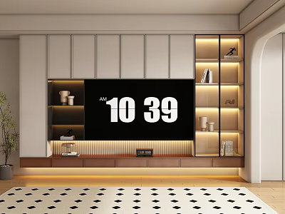 Modern Minimalist TV Wall with White Cabinets Glass Door Shelves Wooden Stand and LED Lighting 3d model
